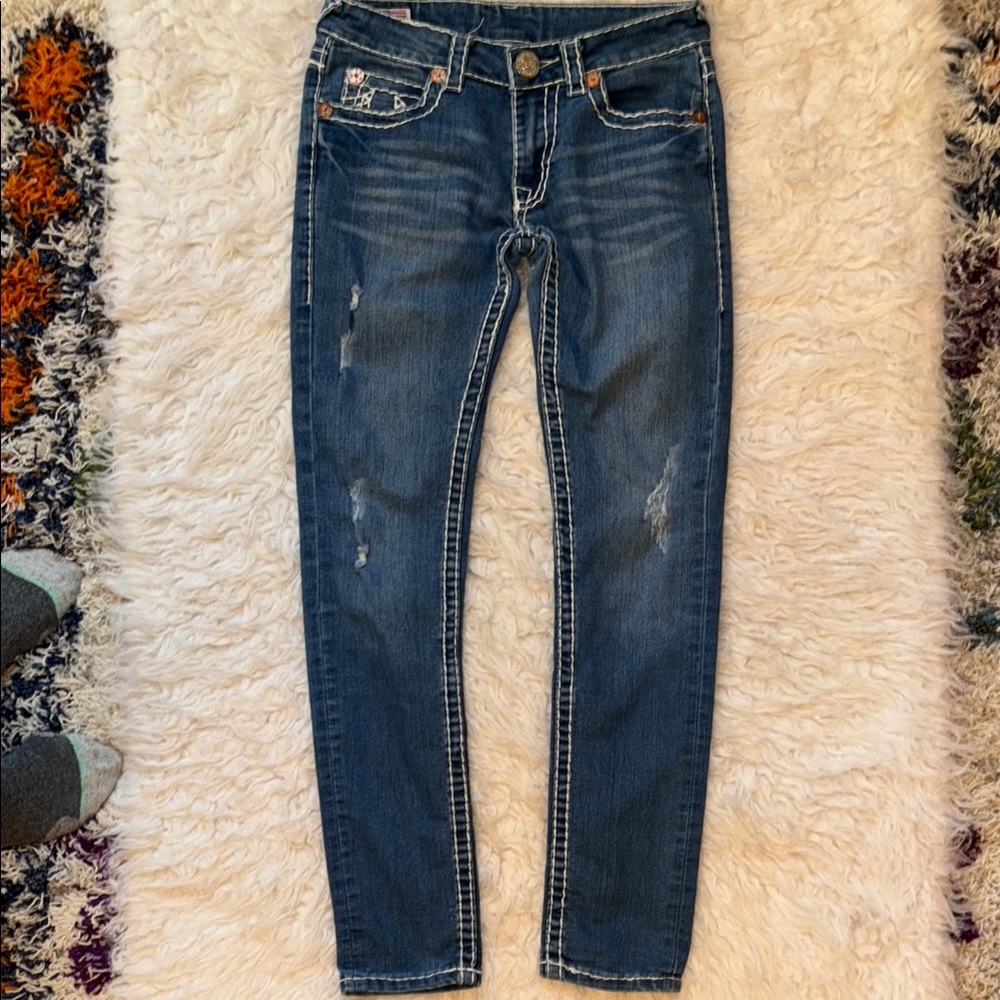 True Religion 🧲 Joey Low-Rise Distressed Thick Stitch Jeans, Size 27